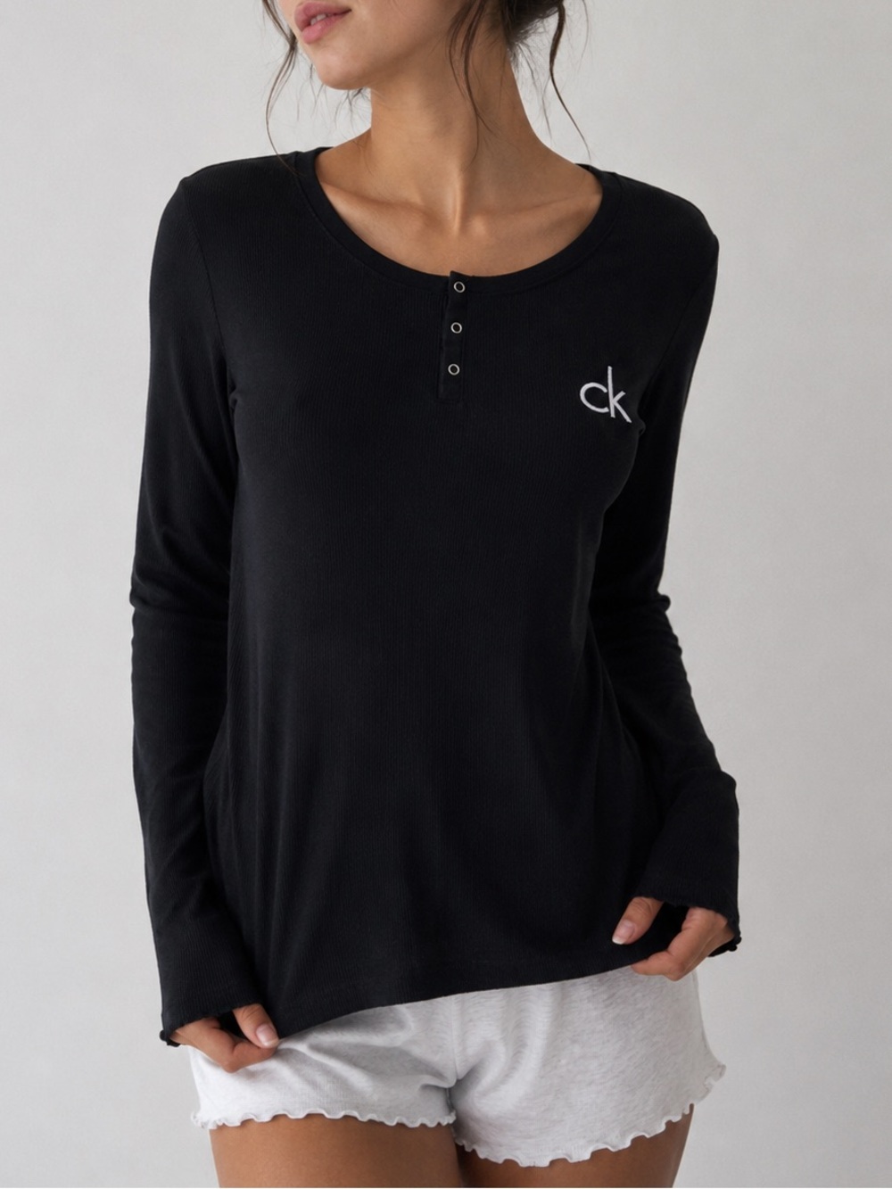 Calvin Klein Sleepwear Black Ribbed Henley Long Sleeve Logo Top XS